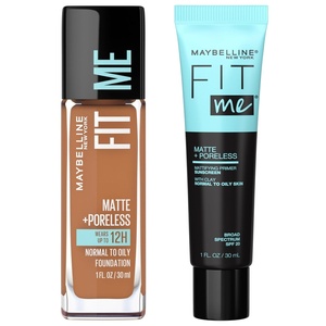 Maybelline Fit Me Matte + Poreless Mattifying Face Primer Makeup With Sunscreen, Broad Spectrum SPF 20, 16HR Wear, Shine Control, Clear, 1 Count(Primer & Coconut Foundation Bundle)