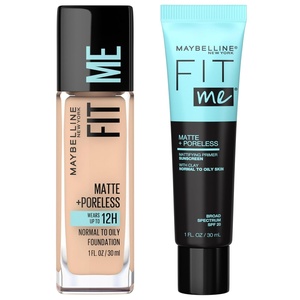Maybelline Fit Me Matte + Poreless Mattifying Face Primer Makeup With Sunscreen, Broad Spectrum SPF 20, 16HR Wear, Shine Control, Clear, 1 Count(Primer & Creamy Beige Foundation Bundle)