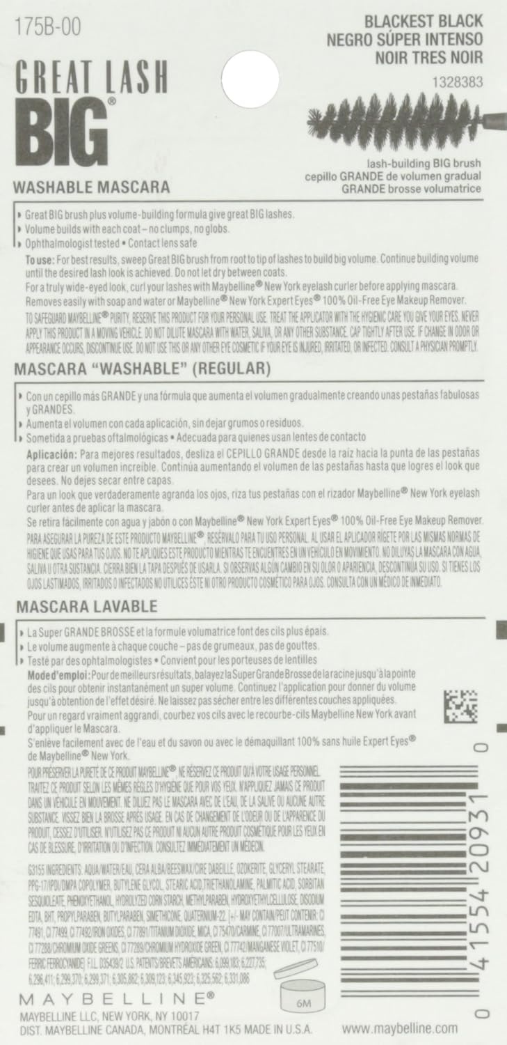 image:imageMaybelline Great Lash BIG Washable Mascara Volumizing Thickening Lengthening Mascara Blackest Black 1 CountBlackest Black