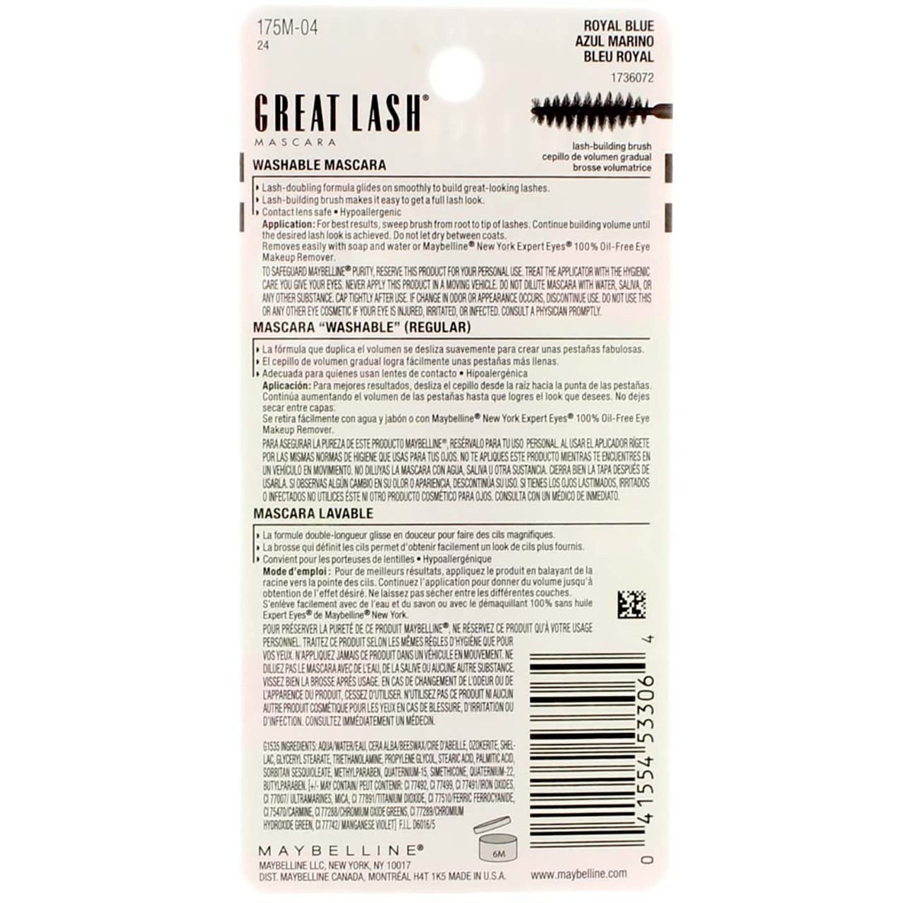 image:imageMaybelline Great Lash Washable Mascara Makeup Volumizing LashDoubling Formula That Conditions As It Thickens Blackest Black 1 CountRoyal Blue
