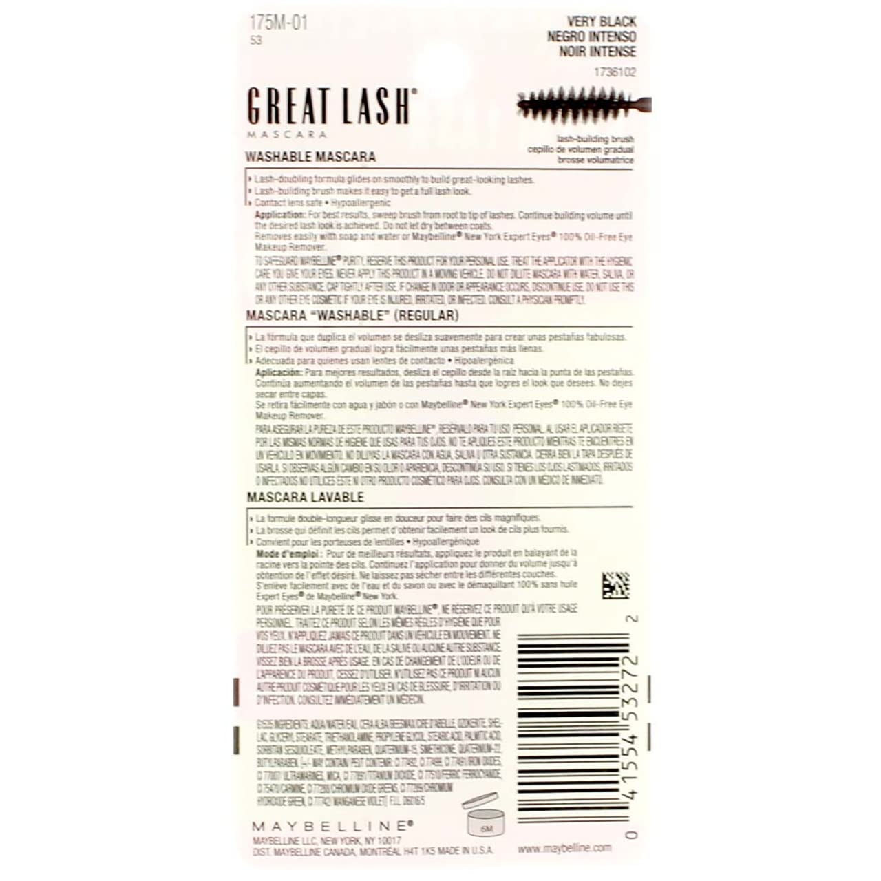 image:imageMaybelline Great Lash Washable Mascara Makeup Volumizing LashDoubling Formula That Conditions As It Thickens Blackest Black 1 CountVery Black