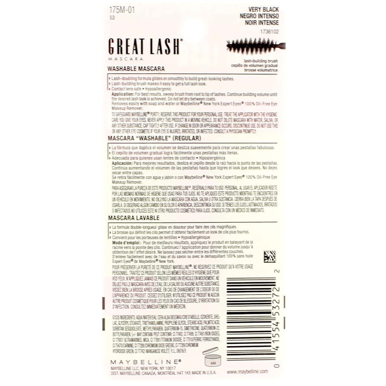 image:imageMaybelline Great Lash Washable Mascara Makeup Volumizing LashDoubling Formula That Conditions As It Thickens Blackest Black 1 CountVery Black